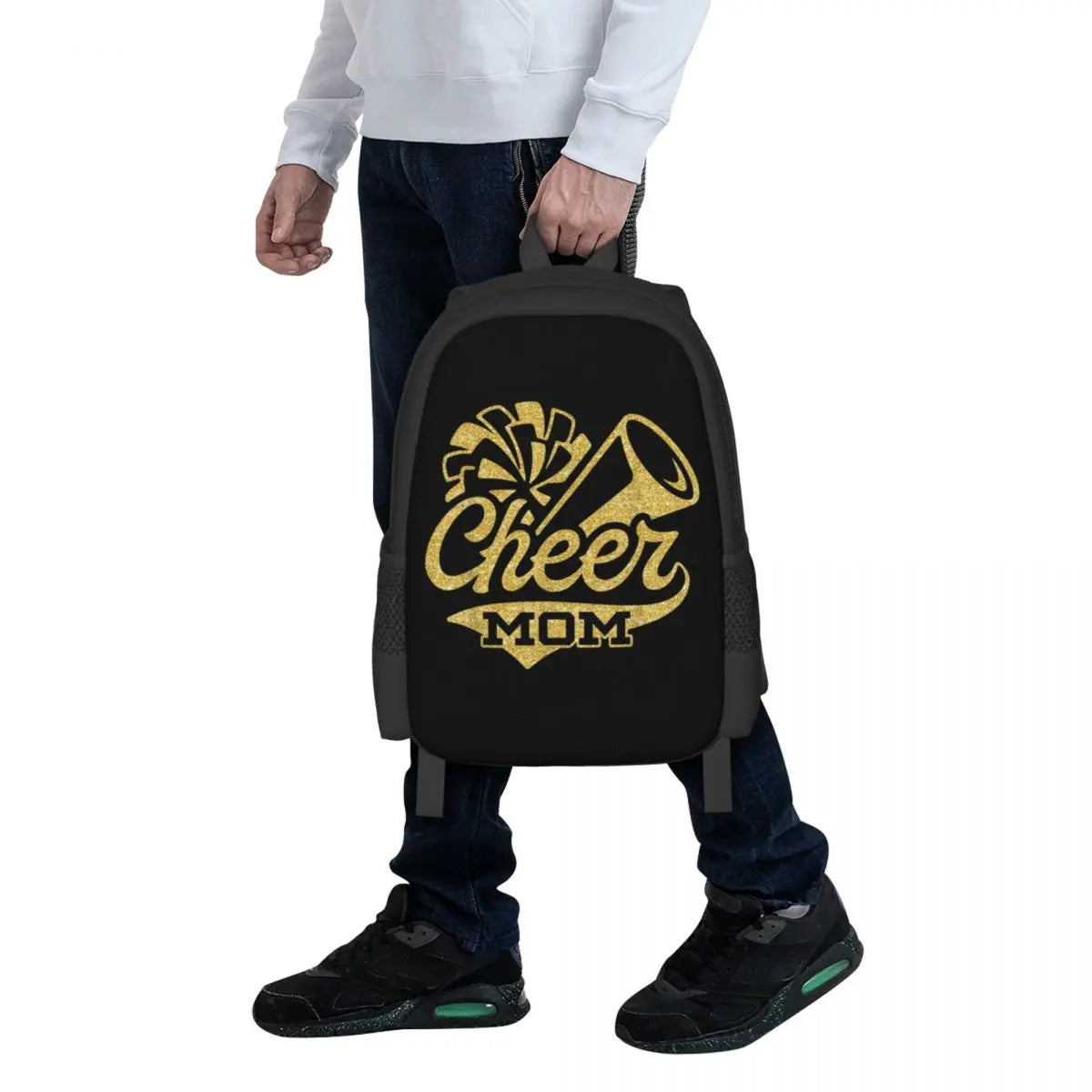 Cheer Mom Backpack – Black & Yellow Foldable Bag with 3D Print, Large Capacity