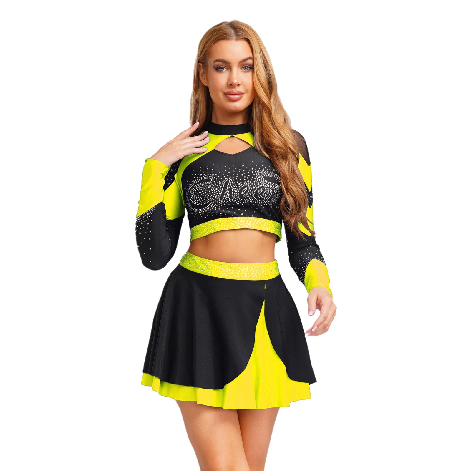 Women’s Cheerleading Costume – Rhinestone Long Sleeve Crop Top & Mini Skirt Set