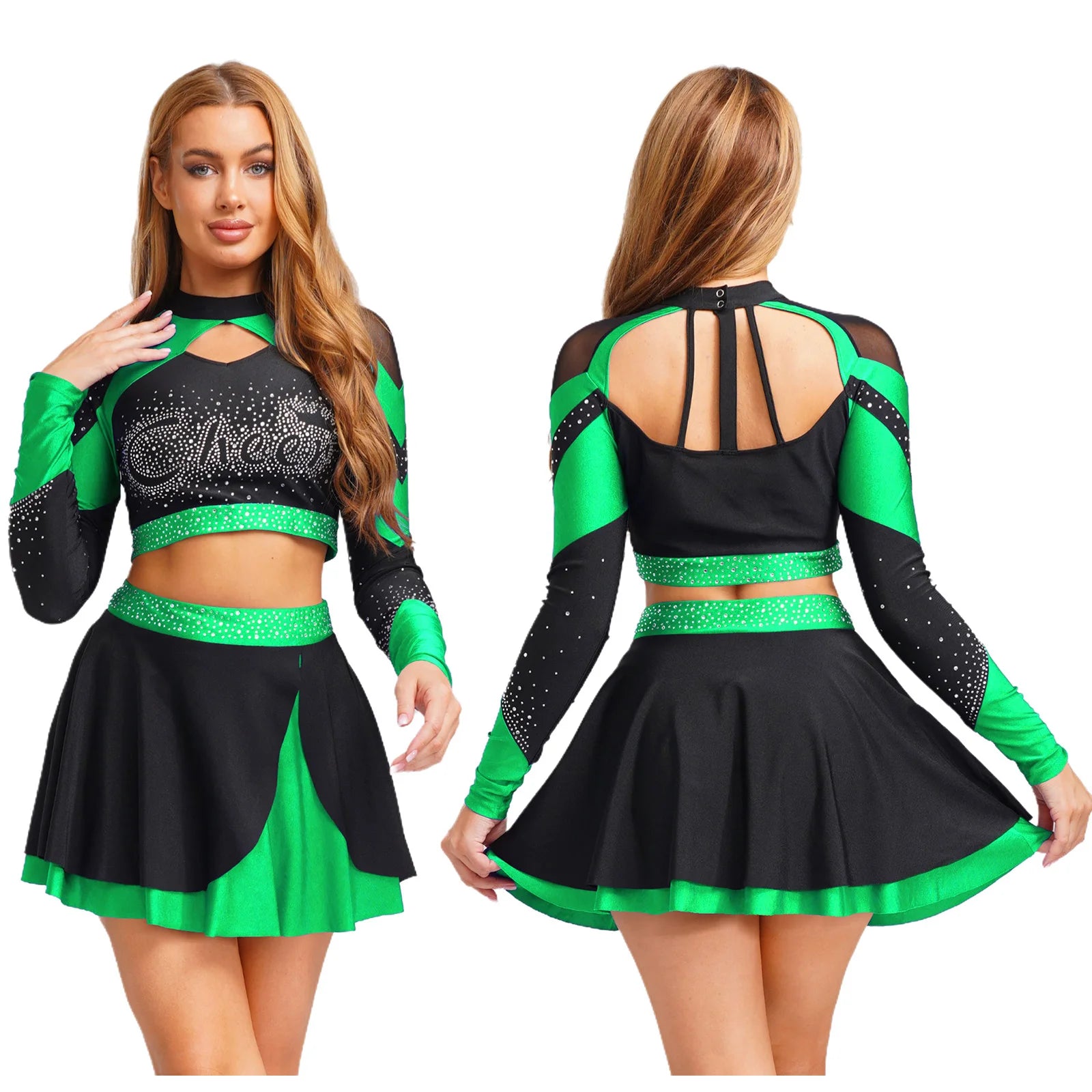 Women’s Cheerleading Costume – Rhinestone Long Sleeve Crop Top & Mini Skirt Set