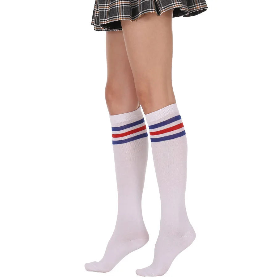 Women’s Knee-High Harajuku Socks – Black & White Striped Cheerleader Style