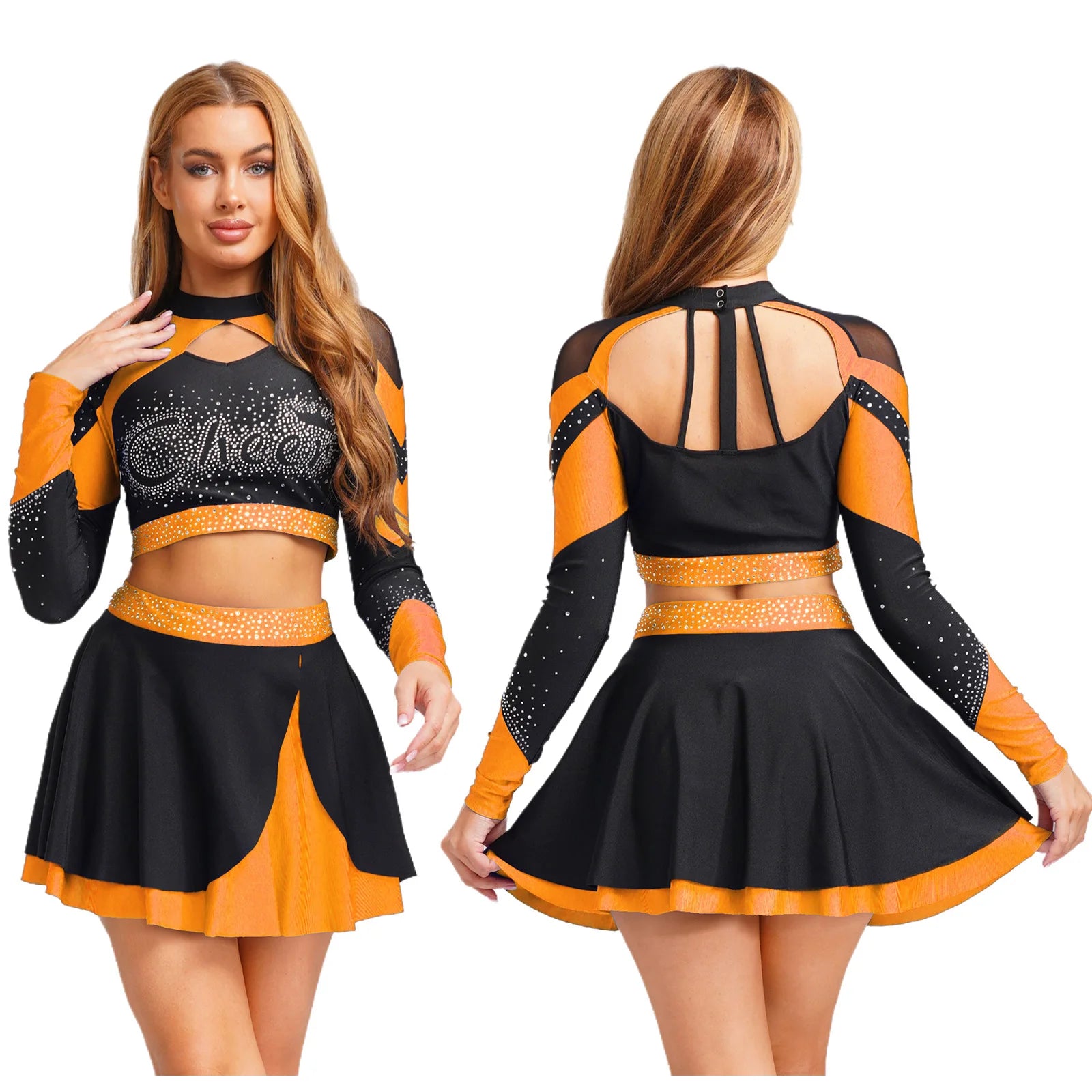 Women’s Cheerleading Costume – Rhinestone Long Sleeve Crop Top & Mini Skirt Set