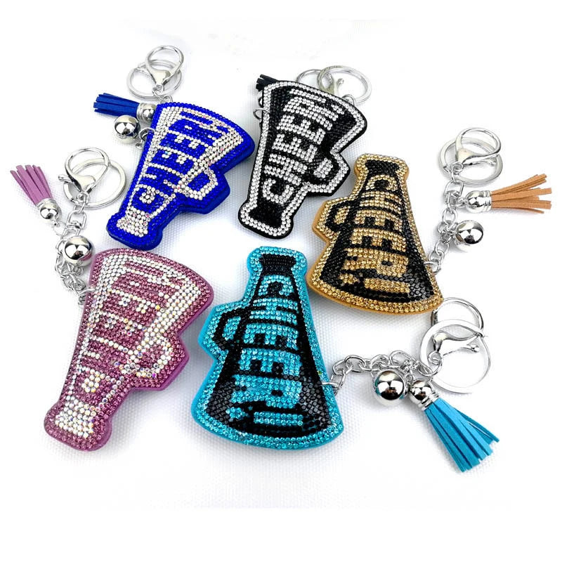 Crystal CHEER Keychain with Leather Tassel – Rhinestone Bag & Car Charm for Women