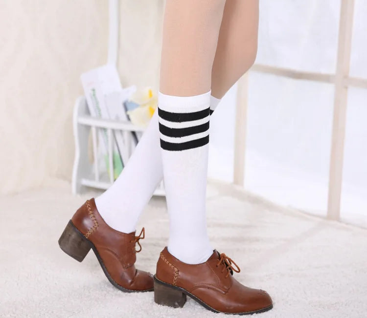 Women’s Knee-High Harajuku Socks – Black & White Striped Cheerleader Style