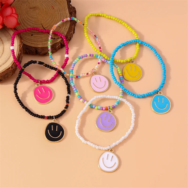 7Pcs Boho Beaded Bracelets Set – Colorful Smile Charm Jewelry for Girls & Women