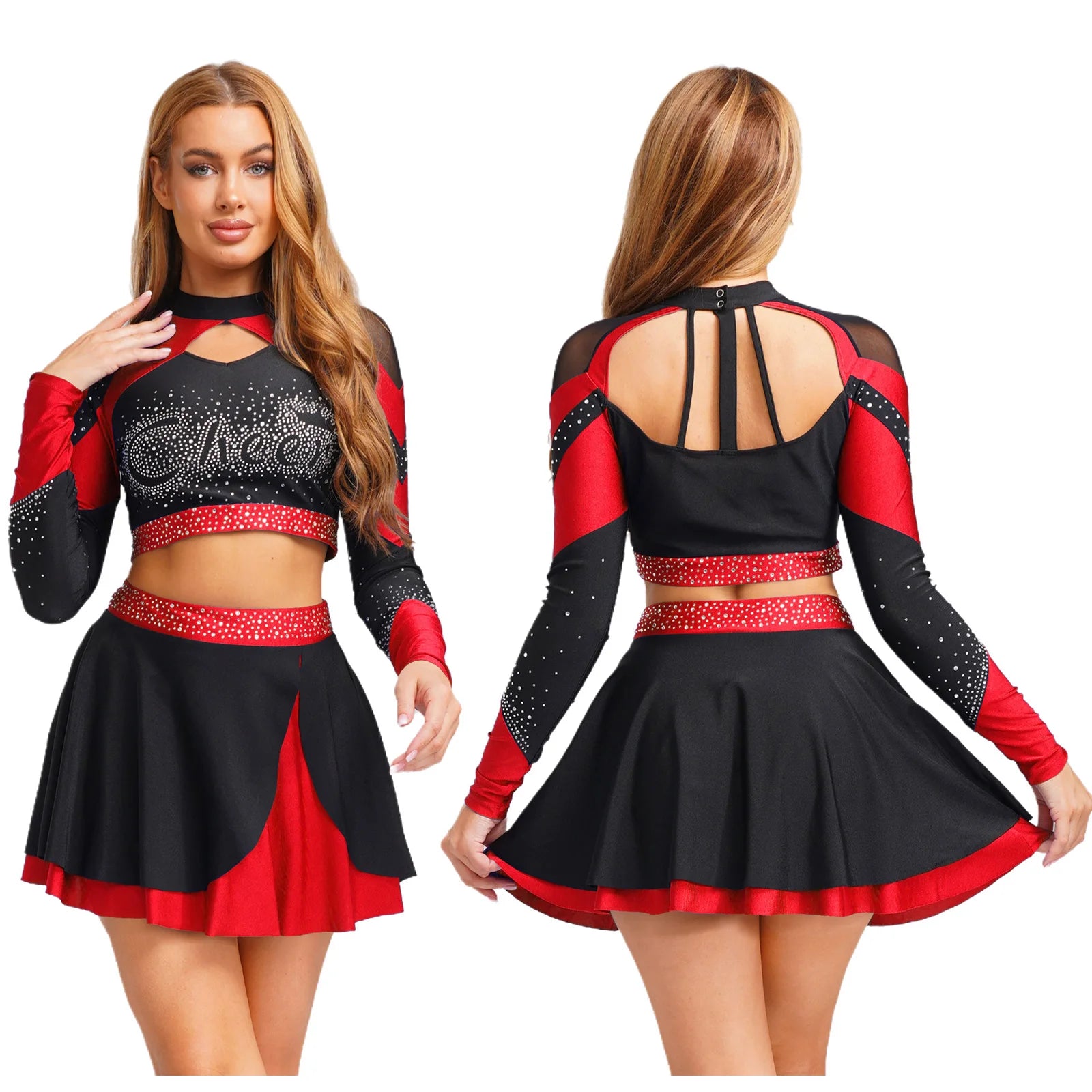Women’s Cheerleading Costume – Rhinestone Long Sleeve Crop Top & Mini Skirt Set