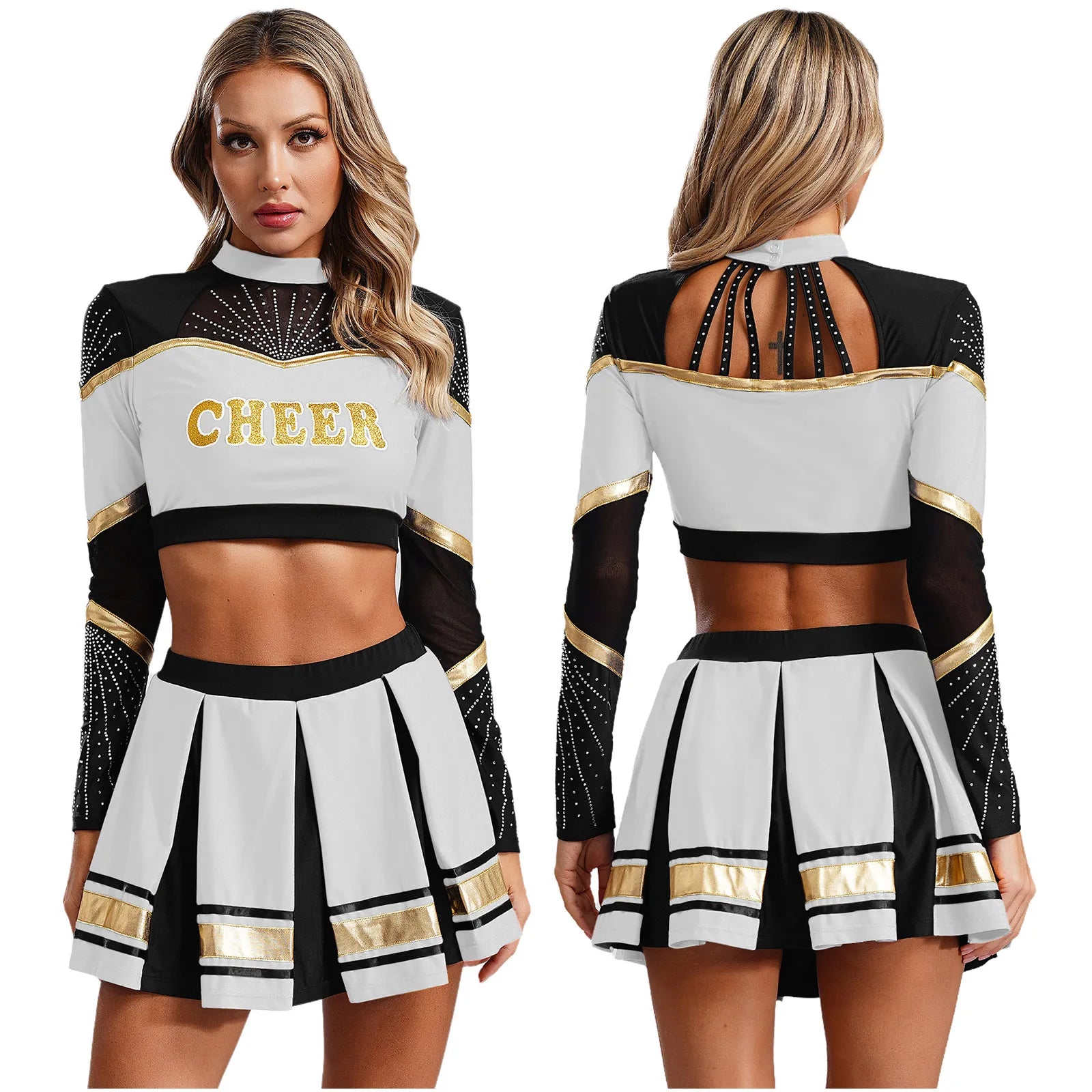 2Pcs Women’s Cheerleading Costume – Sequined Long Sleeve Crop Top & Pleated Skirt Set