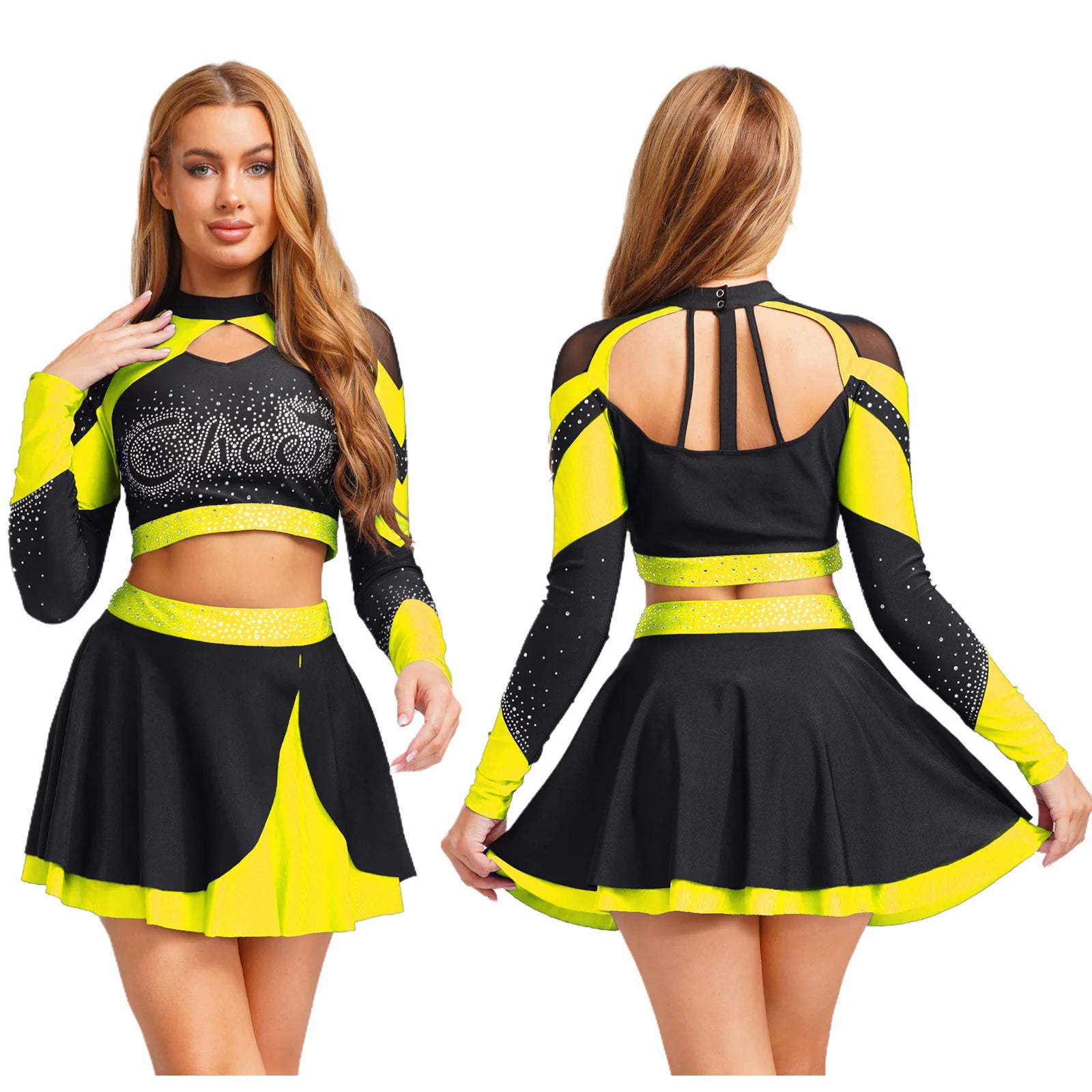 Women’s Cheerleading Costume – Rhinestone Long Sleeve Crop Top & Mini Skirt Set