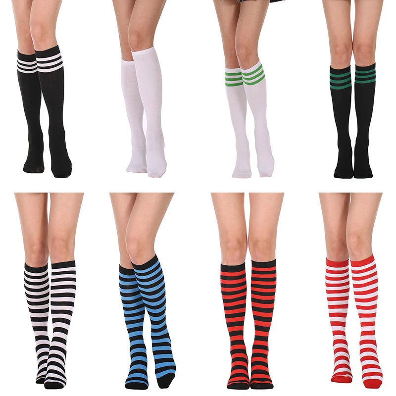 Women’s Knee-High Harajuku Socks – Black & White Striped Cheerleader Style