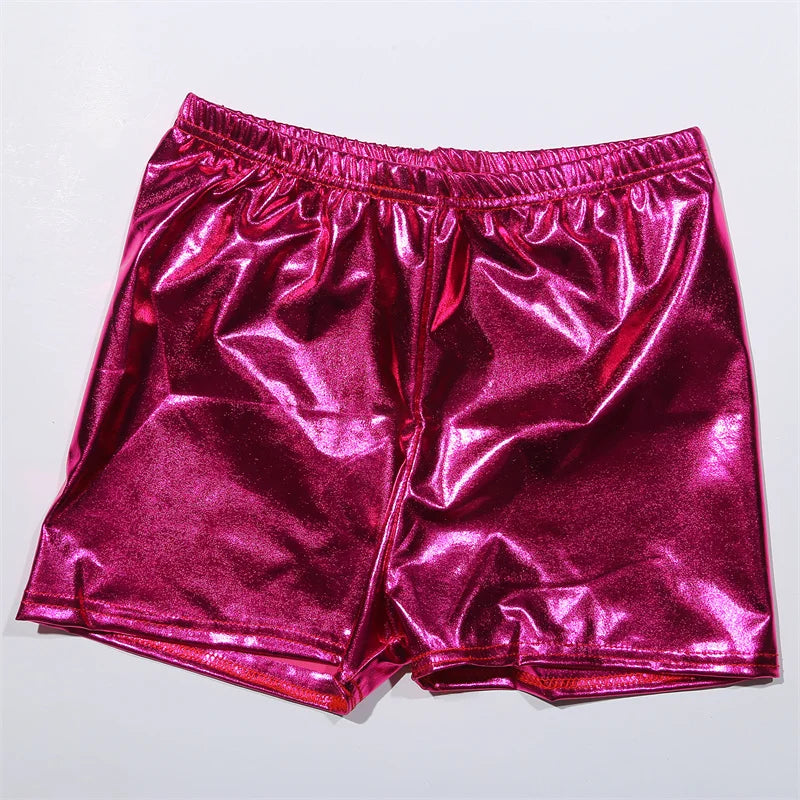 Women’s Silver Metallic PU Yoga Shorts – Mid Waist Cheer & Rave Booty Shorts
