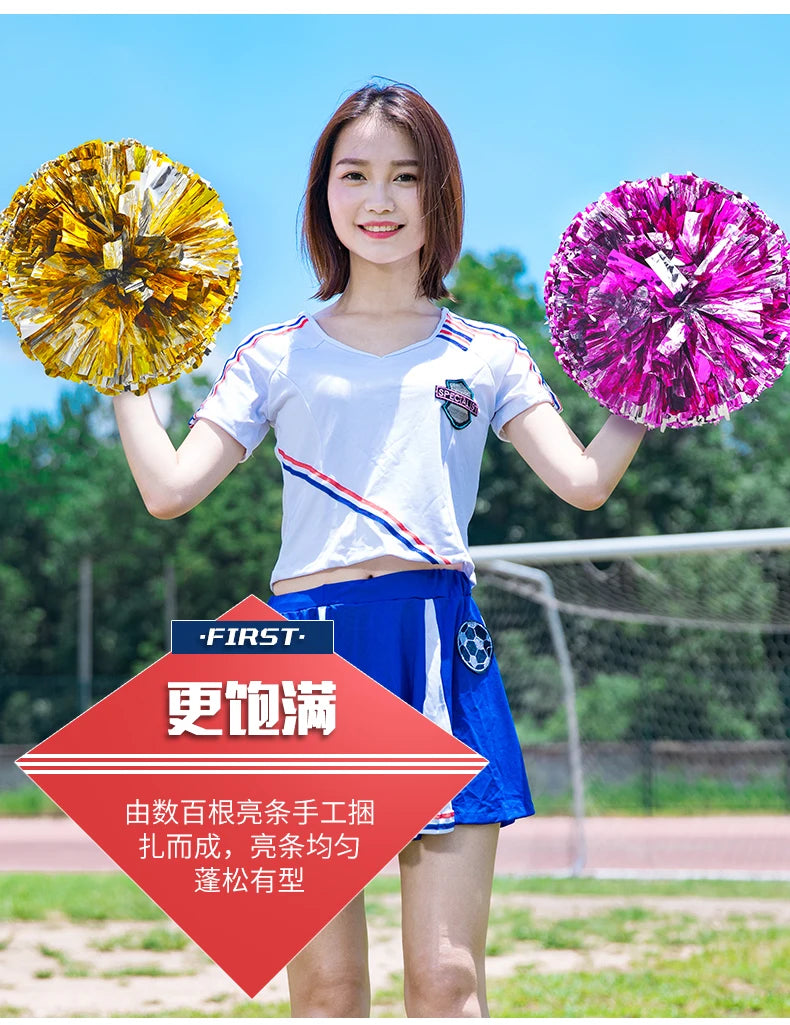 Colorful Handle Cheerleading Pom Poms – Big Silver, Red, Yellow & Blue Dance Balls for Kids & Women