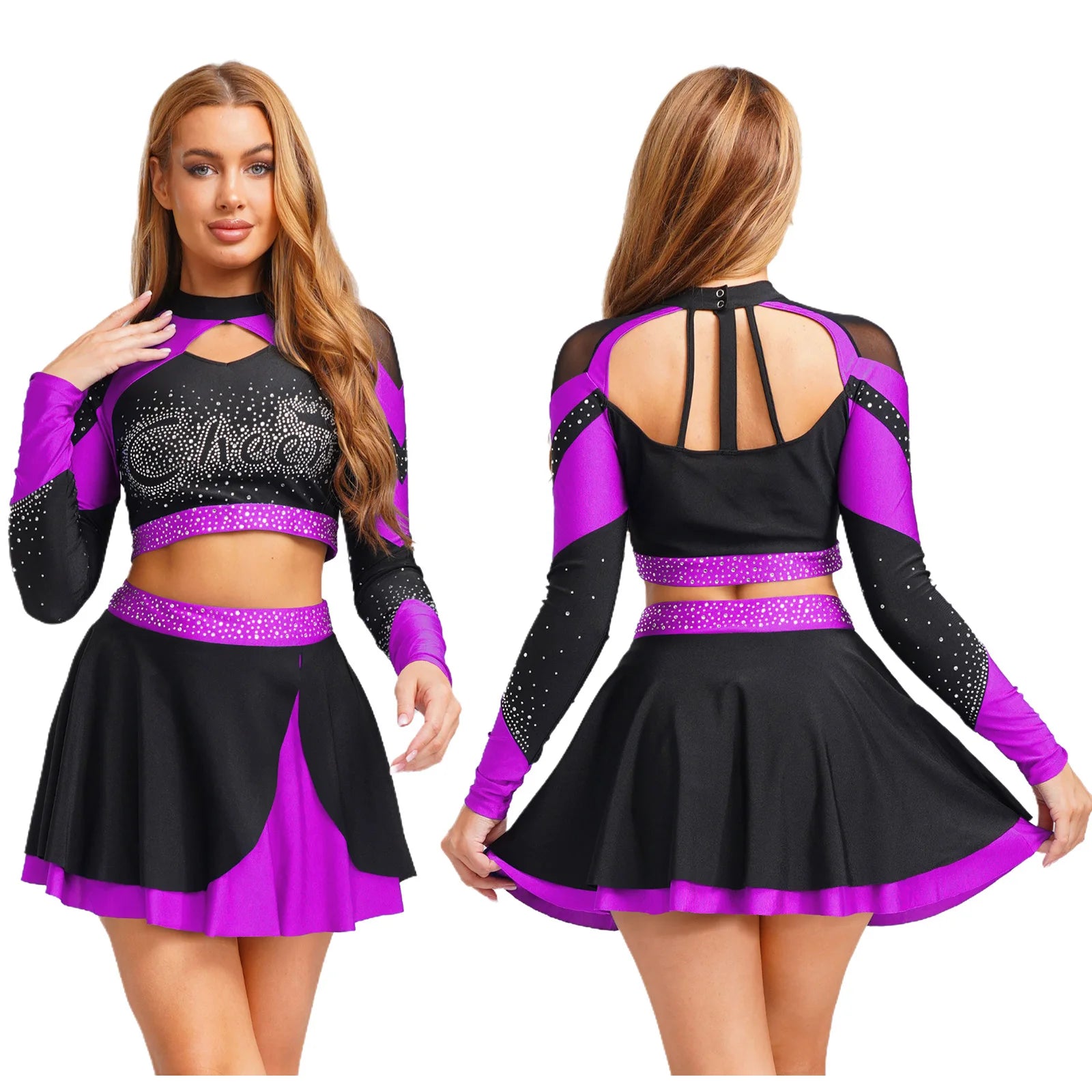 Women’s Cheerleading Costume – Rhinestone Long Sleeve Crop Top & Mini Skirt Set